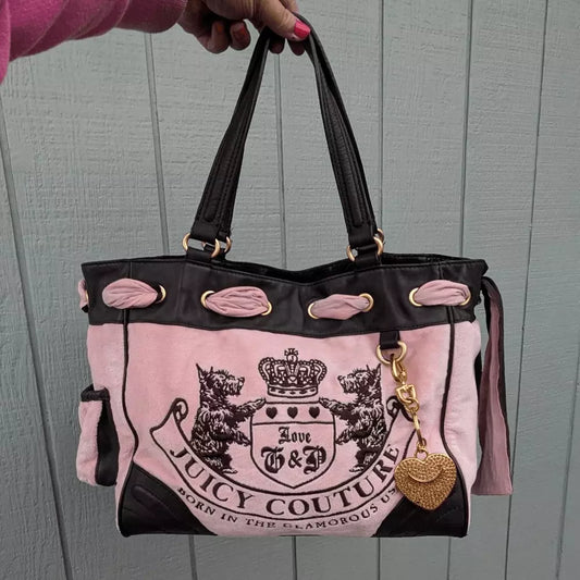 Juicy Couture Y2K Pink! Scottie Dog Daydreamer Velour Vintage Tote Bag💜🍇